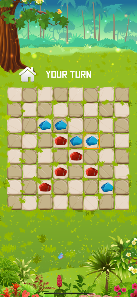 Chess 2 in 1 for Watch & Phone - Un tablero de damas con piezas azules y rojas sobre una cuadrícula de piedra con un tema de fondo de selva