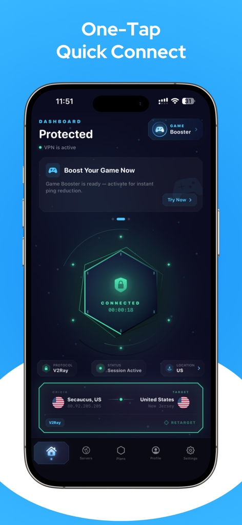 Gamer VPN: Proxy, Game Booster - Gamer VPN dashboard showing an active connection with one-tap quick connect and game booster features.