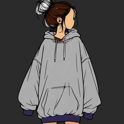 realistic girl with a oversized sweatshirt on and a bun
