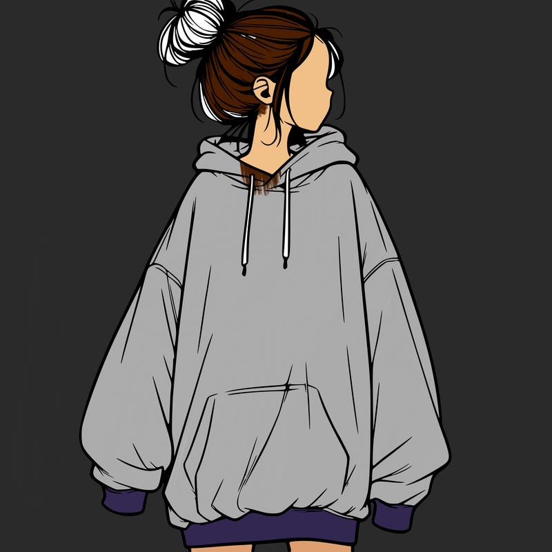 realistic girl with a oversized sweatshirt on and a bun