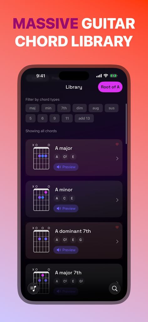 Guitar Wiz: Guitarist Toolkit - Guitar Wiz app showing a detailed library of guitar chords with diagrams and musical notes.