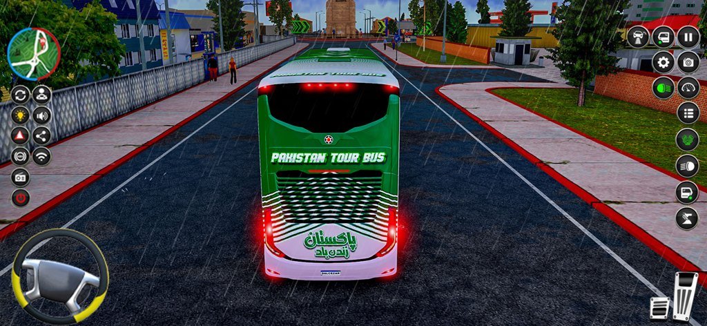 Pakistan India Bus Simulator - Gameplay screen showing a green Pakistan tour bus driving on a city road during a rainy day with mobile game controls