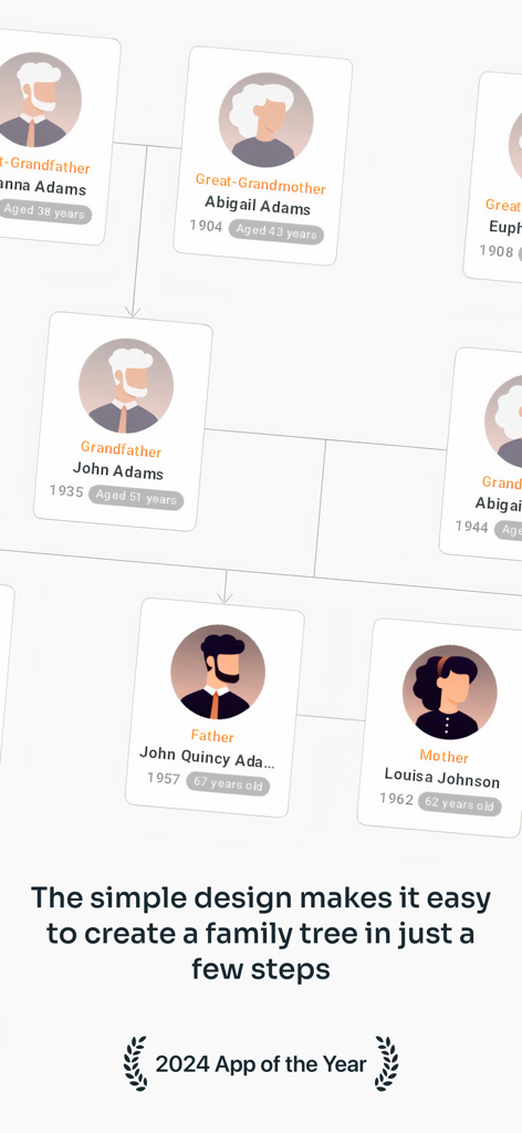 MyFamilyTree: Family History - A clean and modern family tree diagram displaying multiple generations of ancestors in the MyFamilyTree app.