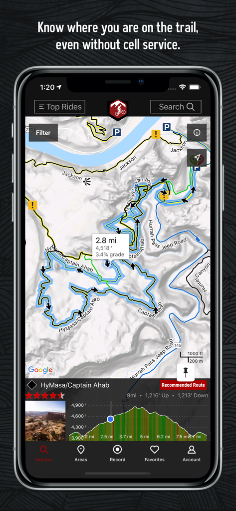 MTB Project - MTB Project app displaying a detailed mountain bike trail map with elevation profile and offline GPS navigation