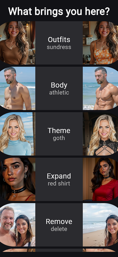 Riff - Fast AI Photo Edits - A menu showing AI photo editing capabilities like outfit changes body transformation and object removal