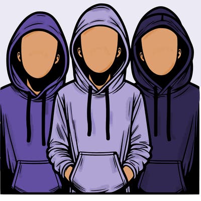 3 faceless people in  hoodies