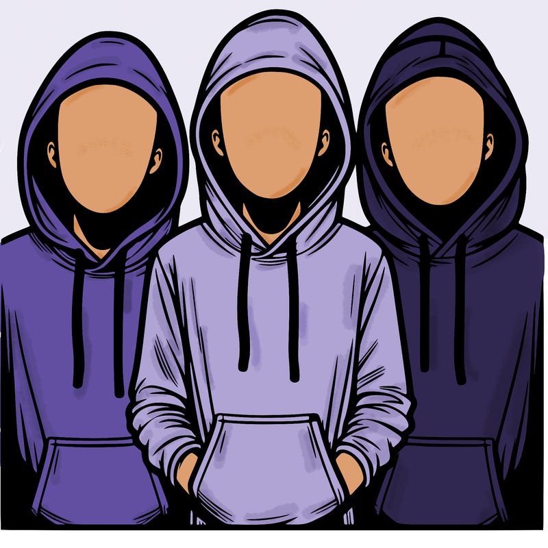 3 faceless people in  hoodies