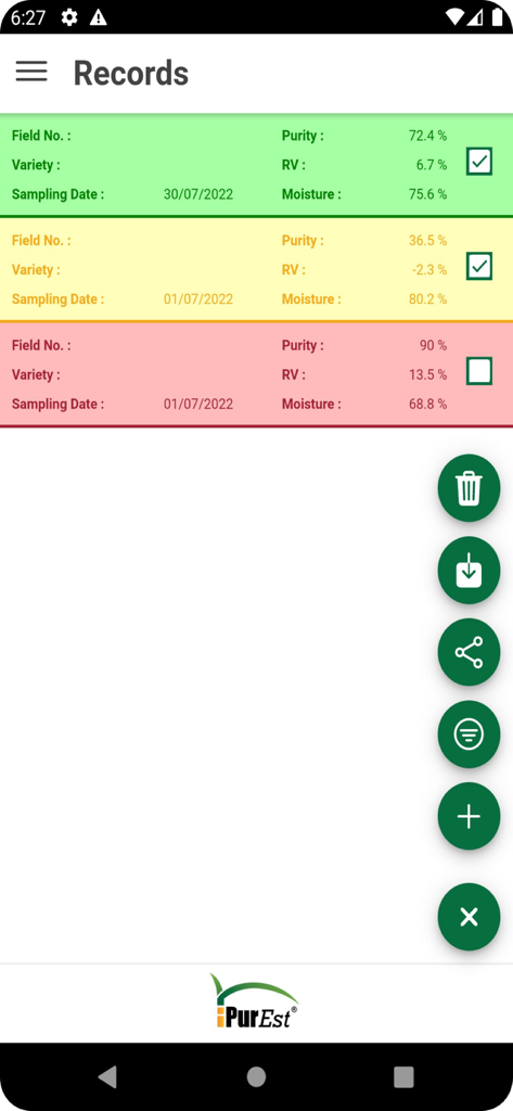 PurEst® - PurEst app records screen showing sugarcane crop data including purity and moisture levels