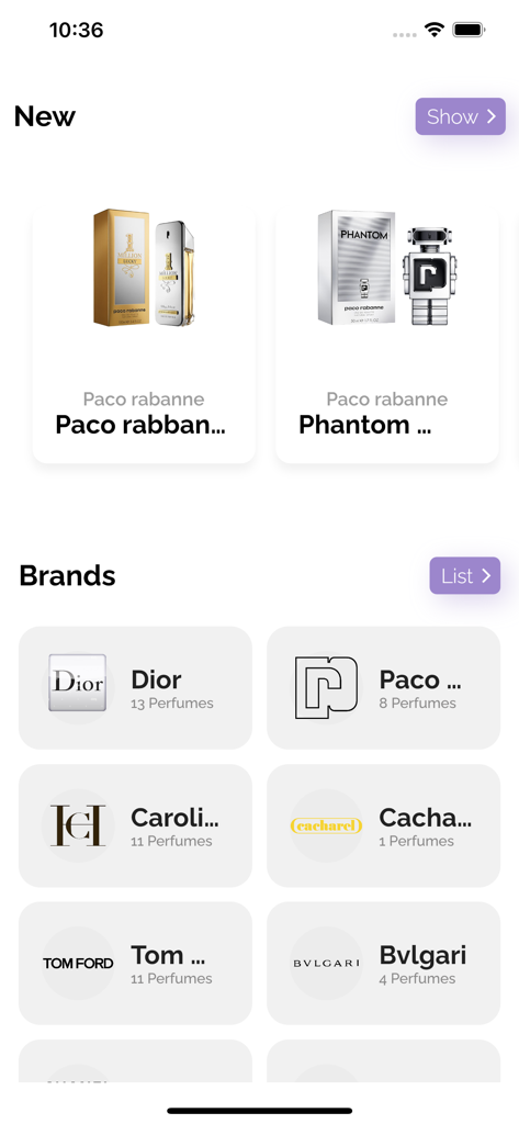 Screenshot der Perfumes Book App, der eine Liste von Luxus-Parfummarken und die neuesten Parfumveröffentlichungen zeigt