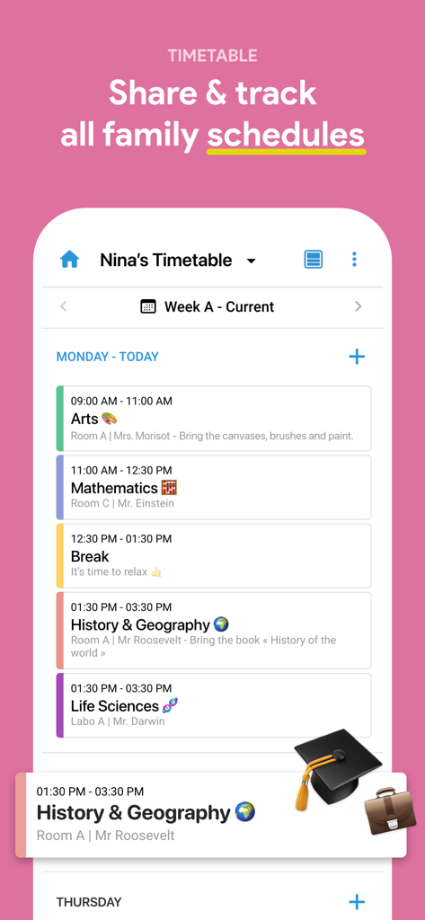Capture d'écran de l'application FamilyWall affichant l'emploi du temps scolaire hebdomadaire d'un enfant avec des cours et des horaires codés par couleur