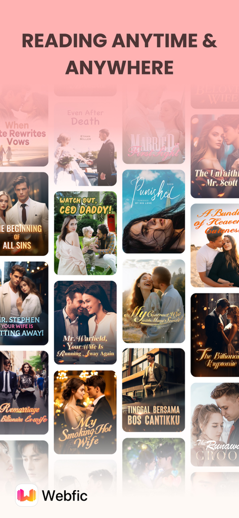 A collection of popular romance and billionaire themed web novel covers on the Webfic mobile app screen.