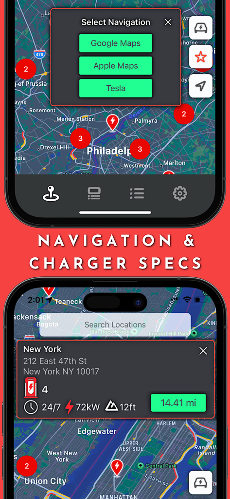 Supercharger for Tesla - Interface of the Supercharger for Tesla app showing navigation options and detailed charger specifications on a map.