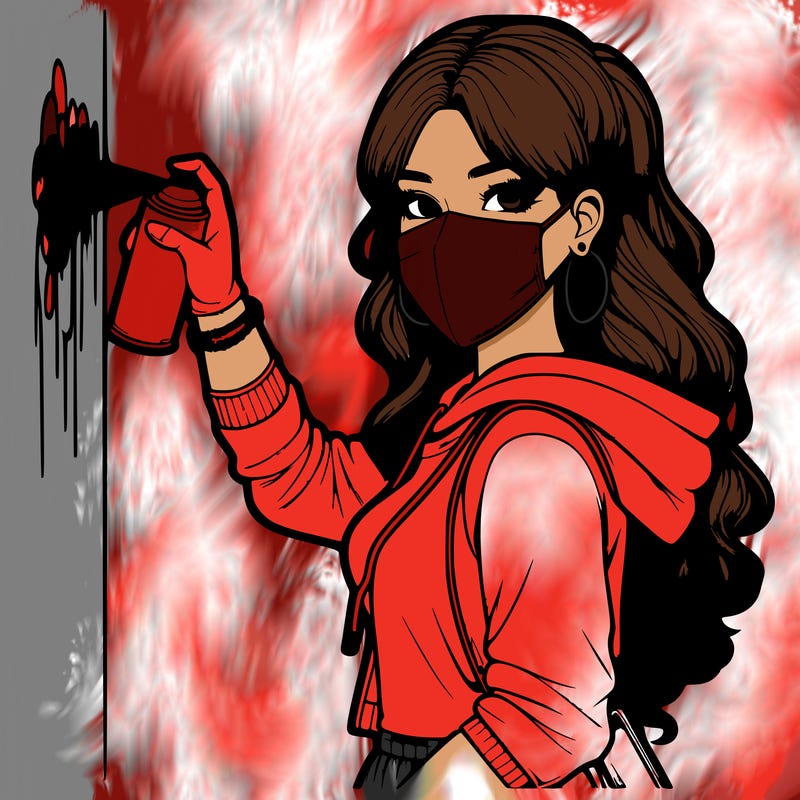 realistic girl with mask spray painting a wall