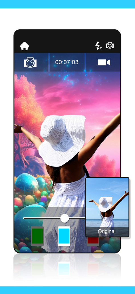 Chroma key green screen app - Mobile app interface demonstrating chroma key background replacement from a beach to a colorful fantasy world