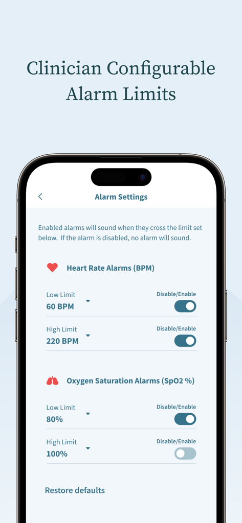 Owlet Care plus 앱 인터페이스에 아기 심박수 및 산소 포화도에 대한 구성 가능한 경보 제한이 표시됩니다.