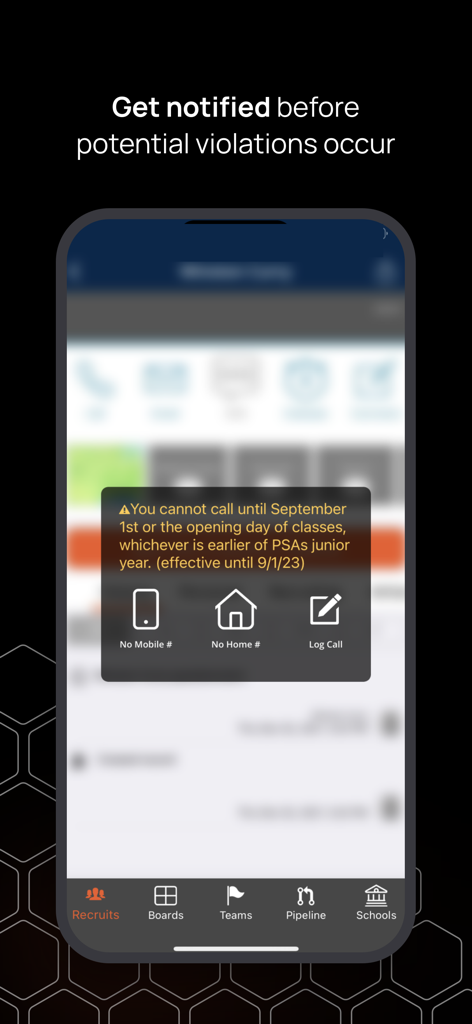 TW Compliance + Recruiting - Mobile app screen displaying a warning notification to prevent potential NCAA recruiting violations.