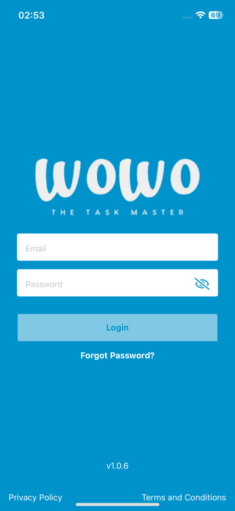 wowo - WOX - Anmeldebildschirm für die wowo Aufgabenverwaltungs-App mit Feldern für E-Mail und Passwort