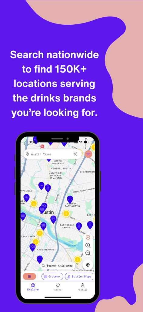 BuzzCutt - Map interface of the BuzzCutt app showing locations serving non-alcoholic drinks in Austin Texas