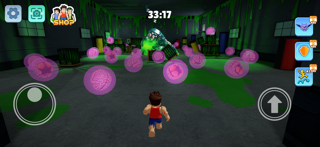 Monster Life: Lab Challenge - Character facing floating brain obstacles in a green slime laboratory from Monster Life Lab Challenge