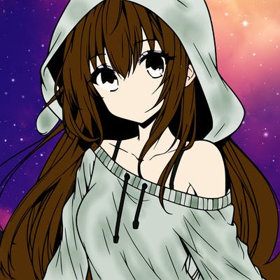 anime girl wearing long sleeve wearing hood, one shoulder sliding off side ways portrait