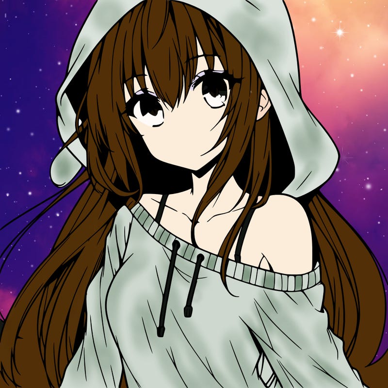 anime girl wearing long sleeve wearing hood, one shoulder sliding off side ways portrait