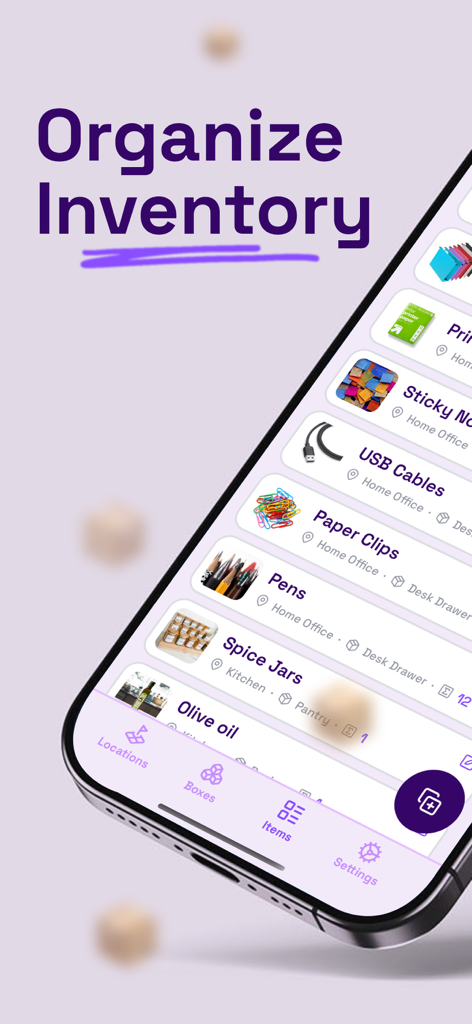 Inventory & Storage Organizer - Smartphone screen of the Inventory and Storage Organizer app showing a list of cataloged items including office supplies and kitchen spices with their assigned locations.