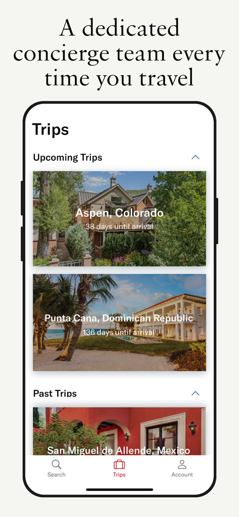Inspirato mobile app screen showing upcoming luxury travel itineraries and concierge services.