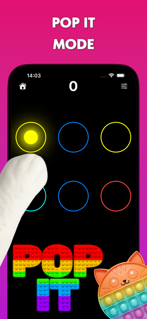 Red laser pointer for cats - A white cat paw touching a glowing yellow circle in the Pop It game mode on a smartphone.
