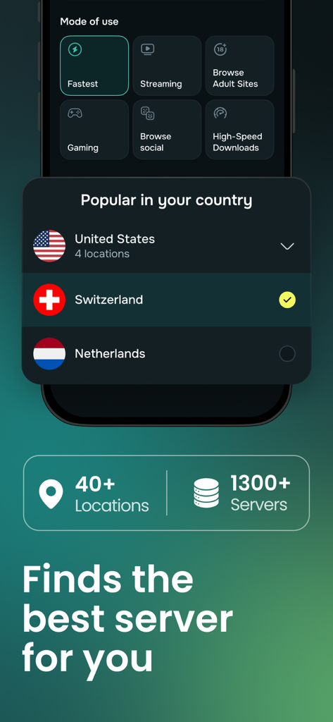 Guru VPN app interface displaying server locations and categories for streaming, gaming, and high-speed downloads.