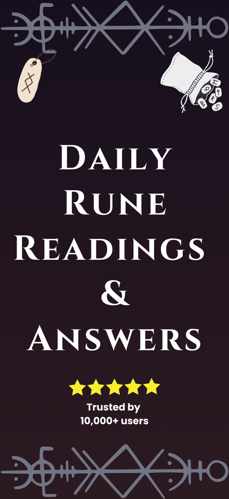 Norse Runes & Runic Formulas - Daily rune readings and answers banner for Norse Runes app with five stars and user trust count