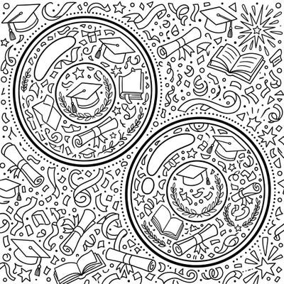 Dive into a unique celebration of academic achievement with this intricate coloring page. It creatively blends stylized contact lenses as frames for a dazzling array of graduation day symbols, perfect for commemorating your big day.