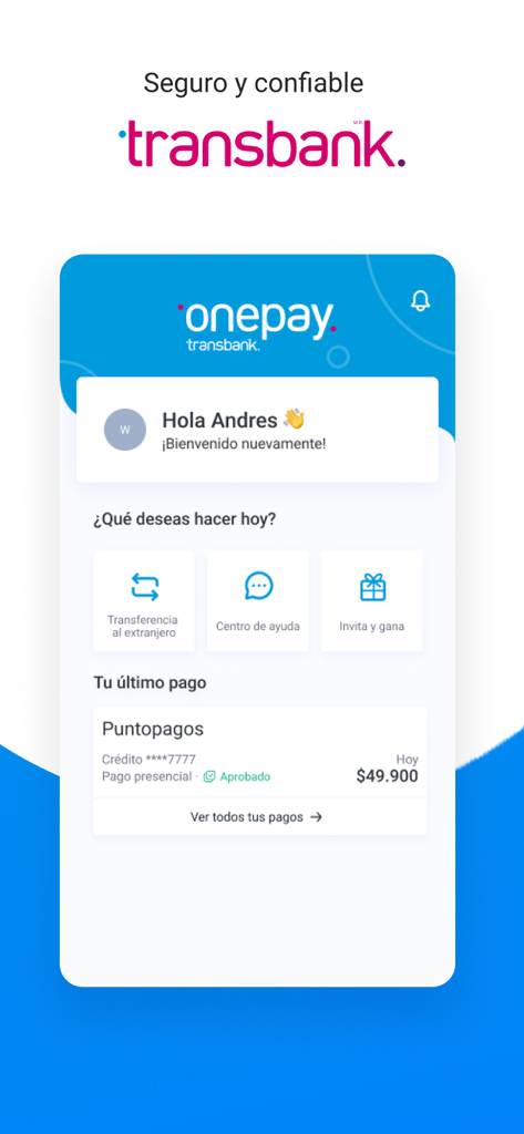 Onepay: paga fácil y rápido - Onepay digital wallet dashboard displaying recent transactions and quick actions