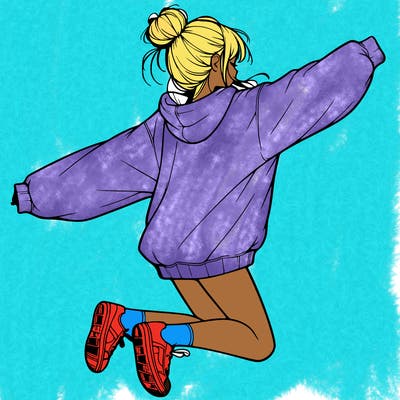 realistic girl jumping with a bun and oversized sweatshirt