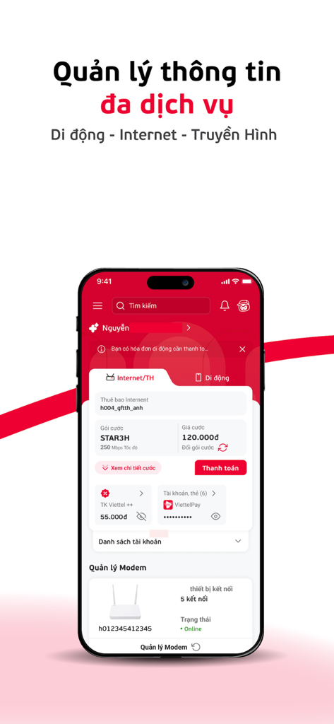 Tableau de bord de l'application My Viettel montrant la gestion des services Internet et mobiles