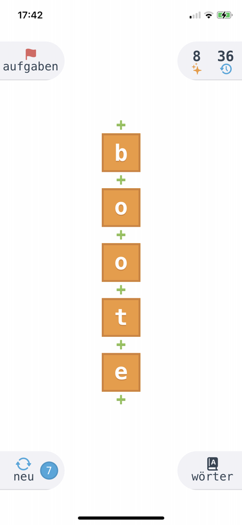 swop - ein wortspiel - Minimalist vertical word puzzle game interface showing the word boote in orange tiles