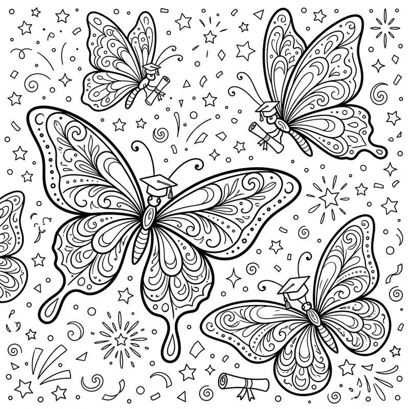 Celebrate success with this delightful coloring page featuring elegant butterflies adorned in graduation caps and diplomas. It's the perfect way to honor graduates and inspire creativity.