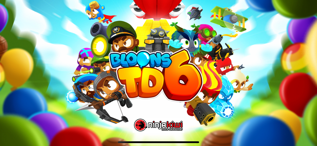 Bloons TD 6 - Pantalla de título de Bloons TD 6 con héroes mono y globos de colores