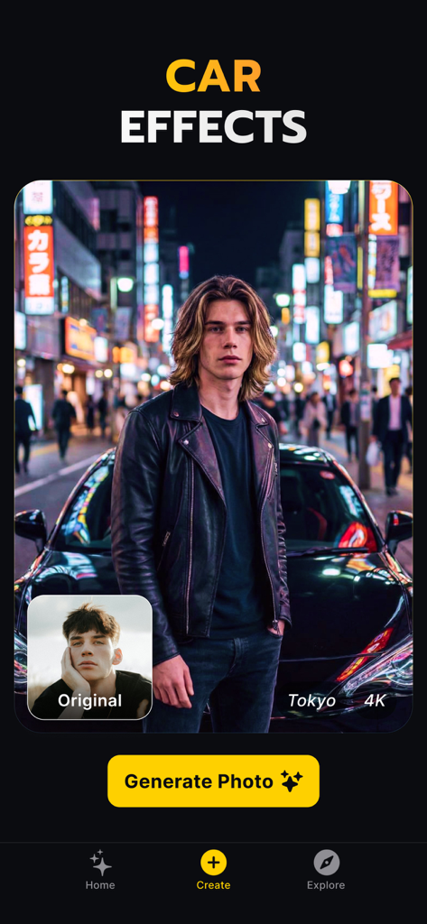 Geno: Trend AI Photo Face Swap - AI photo generator showing a face swap with a car and Tokyo city background
