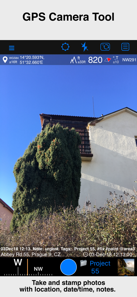 Compass 55. Map & GPS kit. - Compass 55 app GPS camera tool showing a photo with location coordinates altitude date and notes overlay