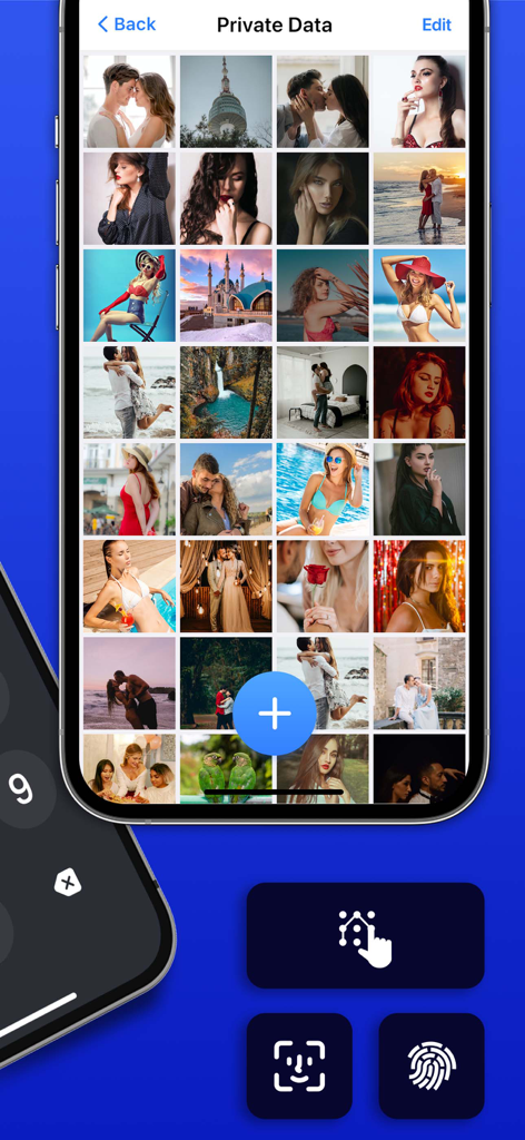 A smartphone screen showing a private photo gallery within a vault app with security lock icons.