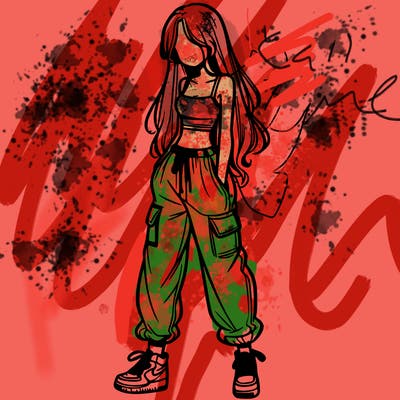 girl in baggy pants crop top and long hair