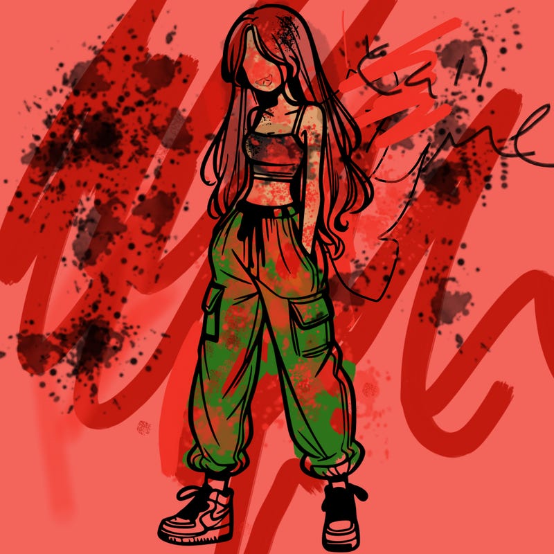 girl in baggy pants crop top and long hair