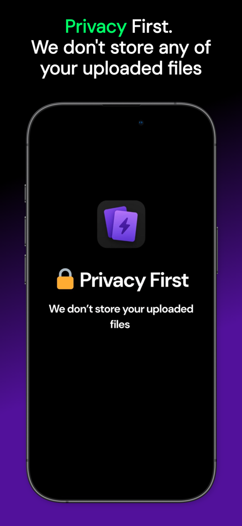 Interfaz de la aplicación Flashrecall mostrando la política de privacidad primero para los archivos del usuario