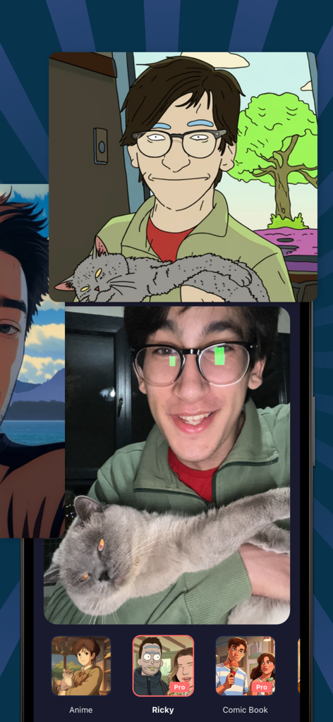 Cartoony: Anime Cartoon Maker - A man holding his cat transformed into a Rick and Morty style cartoon using the Cartoony app