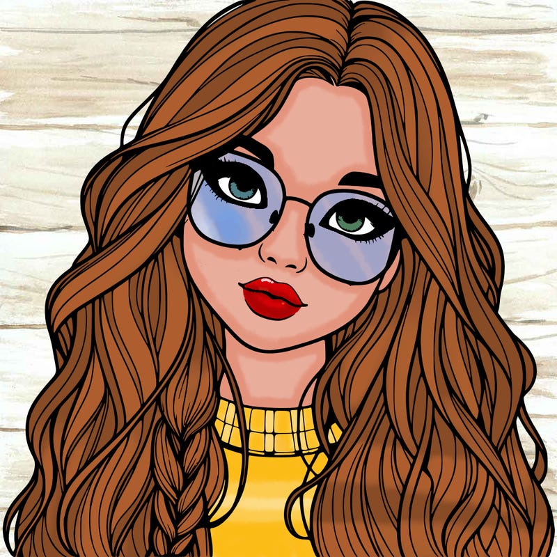 girl with long hair and freckles and glasses realistic