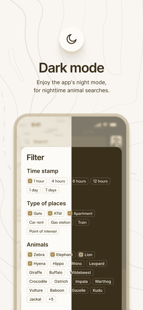 Kruger animal tracker - A screenshot of the Kruger Animal Tracker app showing dark mode and search filters for animals and locations.