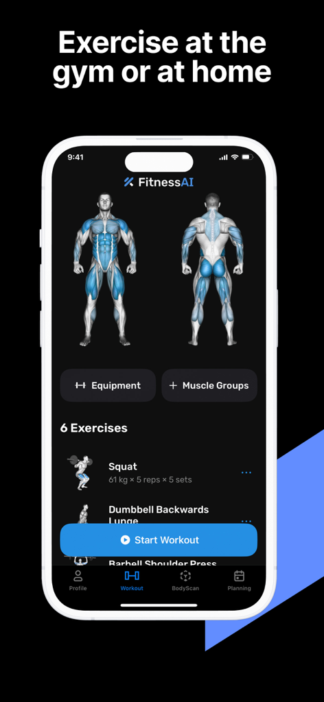 Fitness AI アプリのインターフェースに、筋肉群のハイライトとエクササイズリストが表示されています。
