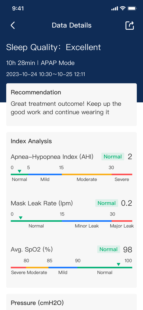 BreathCare plus app screen showing detailed sleep quality and CPAP treatment results