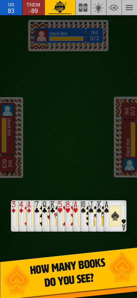 Jugabilidad móvil de Spades mostrando una mano de cartas y una indicación preguntando cuántas bazas ve el jugador
