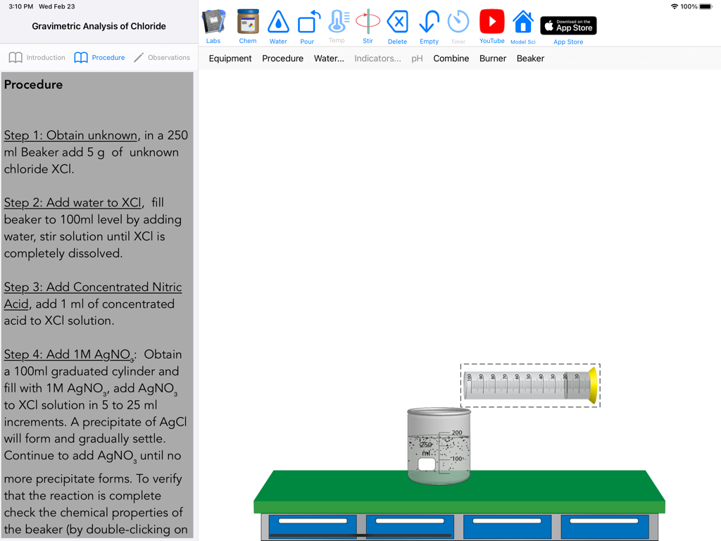 Model ChemLab Lite for iPad - Model ChemLab Lite interface showing chemistry lab procedure and virtual equipment on iPad